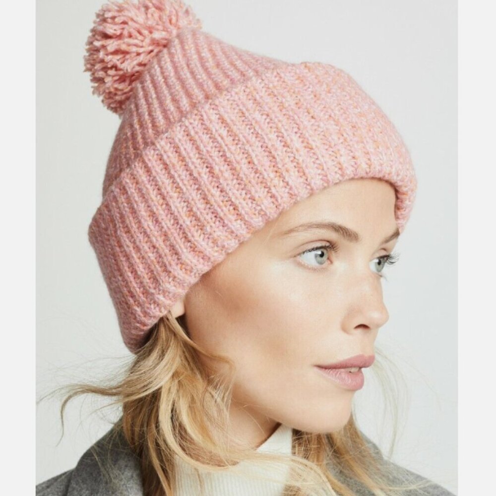NWT Wool Rag & Bone Superfine Italian Merino Wool Pink Beanie Hat with Pom FIRM$ - Picture 2 of 16